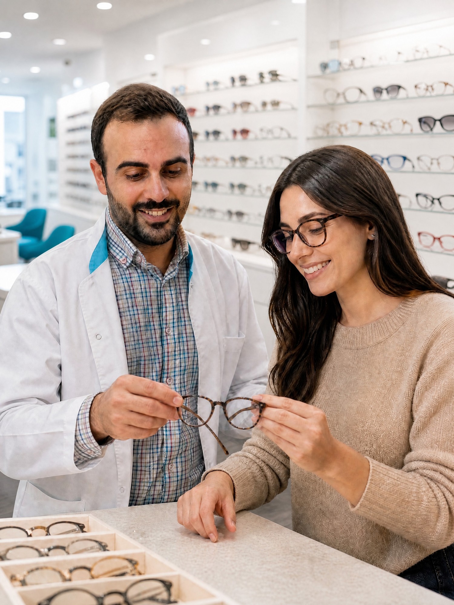 Óptico asesorando a un cliente en Albarracín